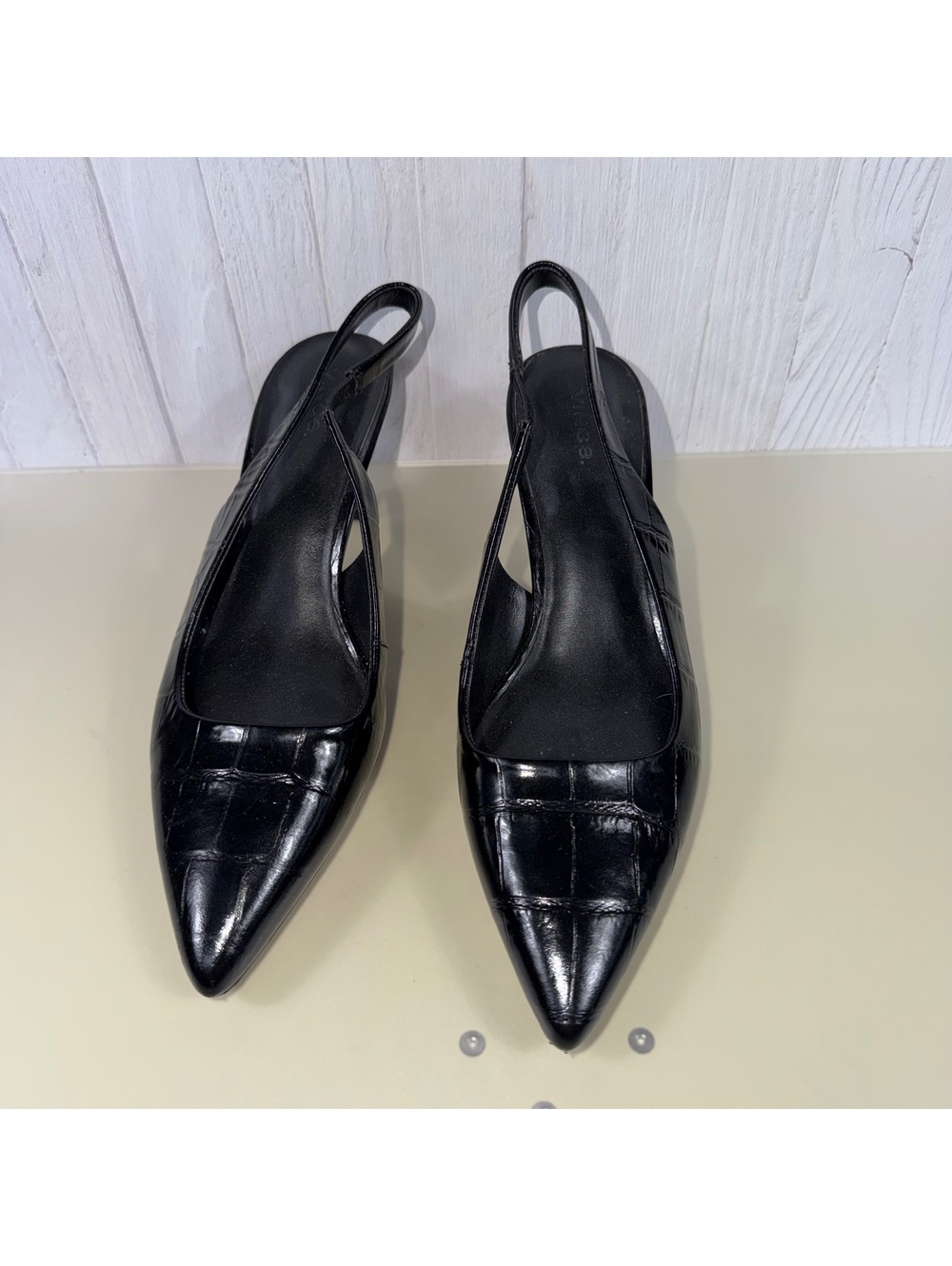 Vince Black Leather Croc Pointed Slingback Heels 9.5